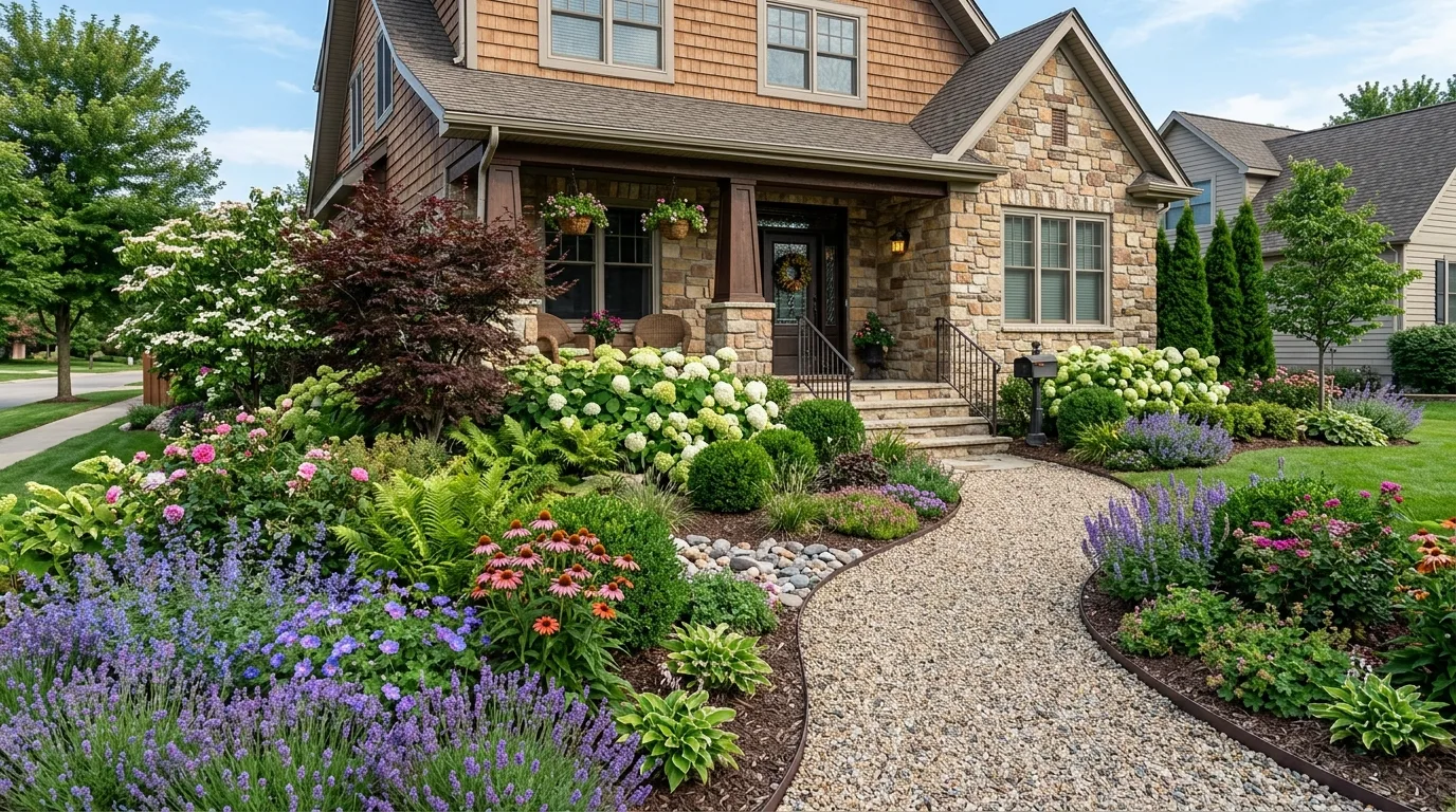 Front Yard With Layered Shrubs and Flowers